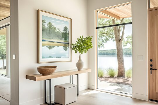 Modern Entryway with Tranquil Water and Tree View.