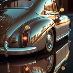 Obraz na płótnie Canvas Stylish vintage retro car at sunset with many reflections. Generative AI.