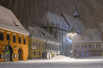 Brasov, Romania, Old town square, winter night