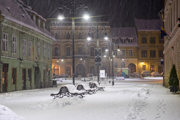 Brasov, Romania - Winter night in the historical old town of Brasov, Transylvania