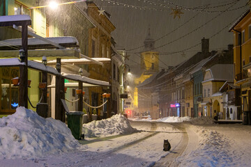 Brasov, Romania - Winter night in the historical old town of Brasov, Transylvania