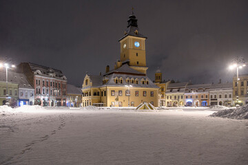 Brasov, Romania, Old town square, winter night