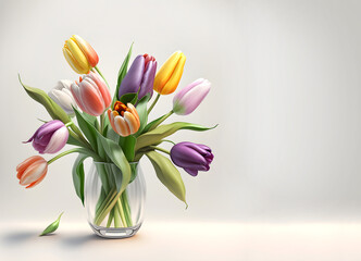 Colorful tulips in vase on pale background. Generative AI content