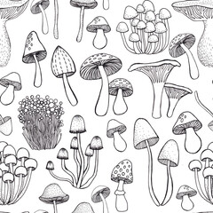 Seamless pattern with hand drawn mushrooms. Illustration in sketch style. Black and white