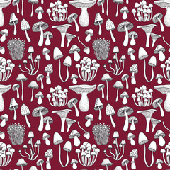 Seamless pattern with hand drawn mushrooms. Illustration in sketch style.