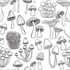 Seamless pattern with mushrooms. Black and white colors.