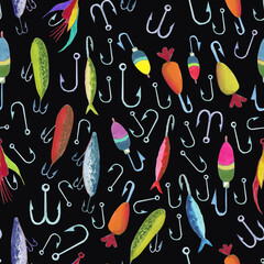 Seamless pattern with hand drawn watercolor fishing lures and fish hooks.