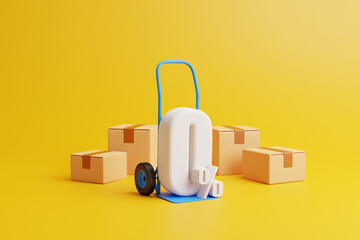 Percent sign on a hand truck with a bunch of boxes in the background. Yellow background. 3d render illustration