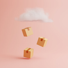 Three cardboard boxes are falling from the cloud on a pink background. 3d render illustration
