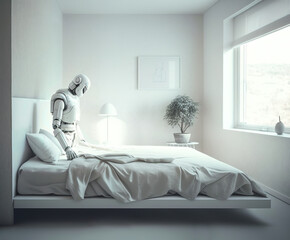 Domestic robot making the bed, composite with different elements made with generative AI