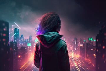 A girl in a futuristic hooded jacket stands on top of a skyscraper on a blurred cyberpunk city panorama background with bright neon lights. Photorealistic Generative AI illustration.