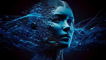 AI Generative Illustration of a Creative Photo of 3D UI Digital Human Face Mash in Abstract of Data Wave