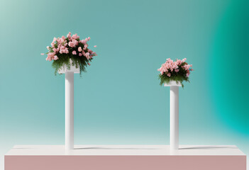 Display space for product presentation, light blue background with with decorative vase and flowers. Advertisement background. Created with Generative AI