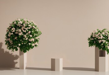 Display space with podium for product presentation, beige background with decorative vases and flowers. Advertisement background. Created with Generative AI