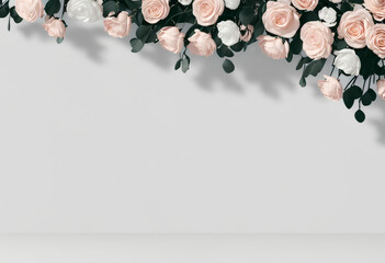 Display space for product presentation, neutral white background with decorative light pink flowers. Advertisement background. Created with Generative AI