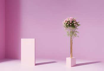 Display space for product presentation, light pink background with decorative elements and flowers. Advertisement background. Created with Generative AI