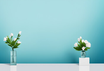 Display space for product presentation, light blue background with with decorative vase and flowers. Advertisement background. Created with Generative AI