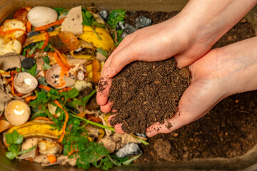 organic compost - biodegradable kitchen waste and soil. Layers of biowaste is covering with soil