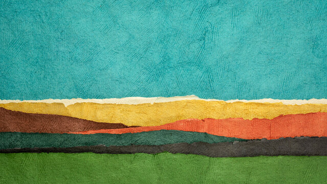 abstract landscape in green, yellow, black and blue - a collection of Huun papers handmade in Mexico