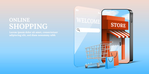 Online shopping store inside smartphone with shopping cart and bags 3d vector