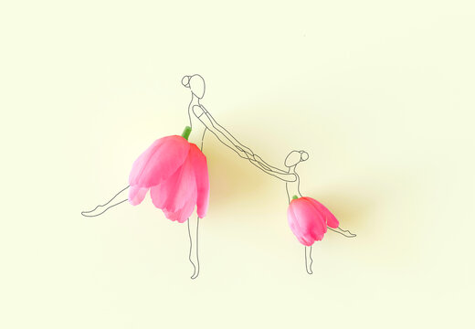 Ballet dance dream in drawing, flower dress. Wallpaper with little girl and mother, dancing isolated on yellow background, pencil sketch. Concept of imagination, mom support. 3d render illustration 