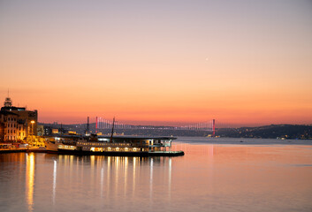 Fototapeta na wymiar Night photo of Bosporus Bridge spanning Bosphorus strait and connecting Europe and Asia