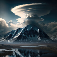 Clouds over the snow-covered mountain peaks. Generative AI.