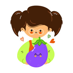 Young cute funny girl hold eggplant in hand. Girl hugs cute eggplant. Vector hand drawn doodle style cartoon character illustration icon design. Isolated on white background