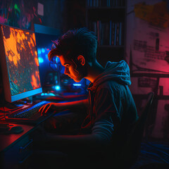 teenager at computer in dark room neon colors
