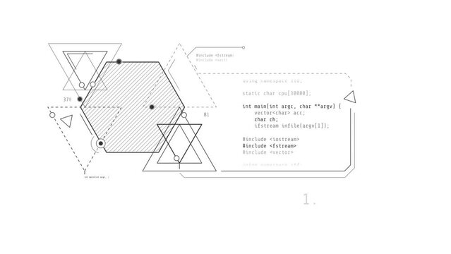 Looped animation of abstract code and geometric shapes HUD element.