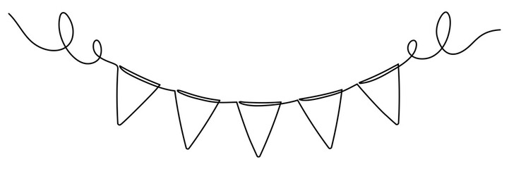 Continuous line art drawing buntings garland. Celebration party hand drawn flags. Vector linear illustration isolated on white.  - obrazy, fototapety, plakaty