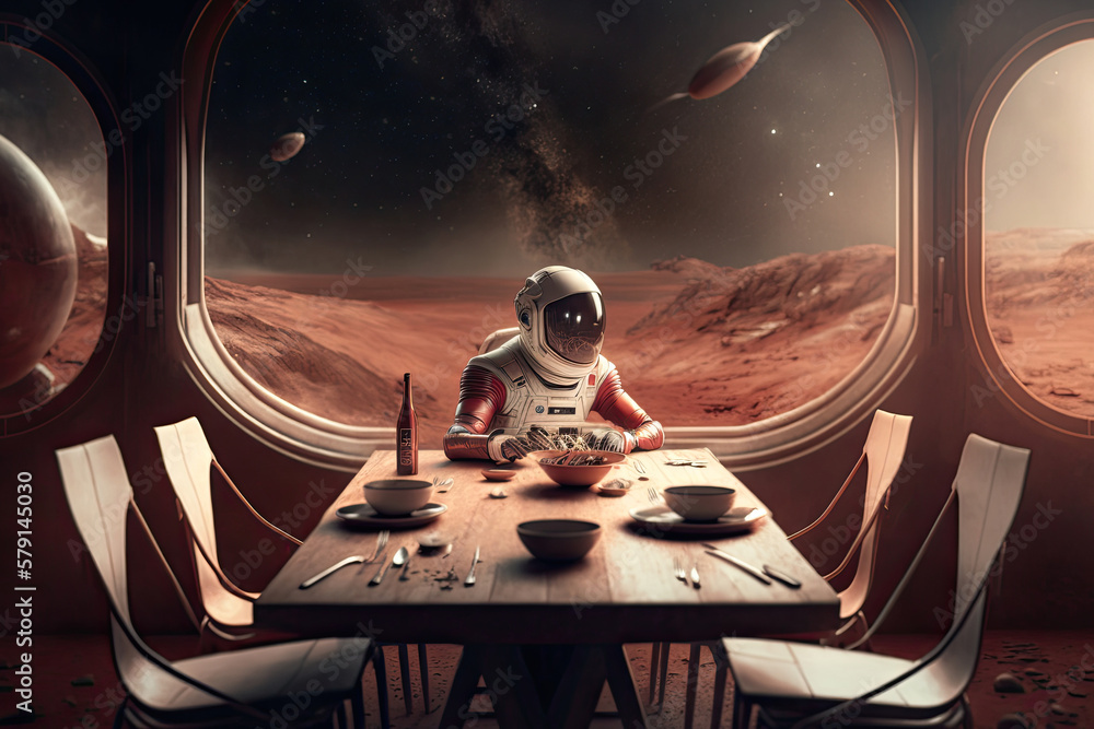 Wall mural astronaut in spacesuit is having breakfast on surface of red planet. astronaut is resting during the