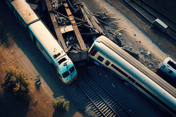Passenger train crash accident, aerial view. Broken wagons and damaged locomotive on the railway. Created with Generative AI