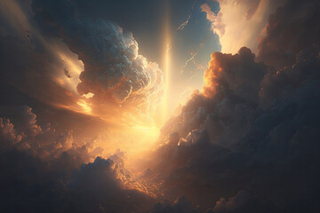 Fototapeta premium Sun rays break through the clouds in the sky. Entrance to heaven. Created with Generative AI
