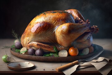 a roasted turkey on a platter with lemons and herbs on a table. generative ai