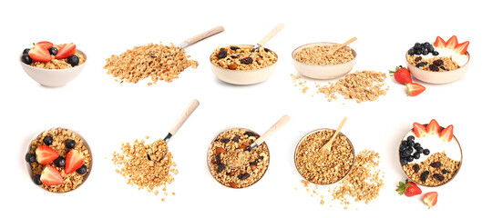 Collage of crunchy sweet granola with dried fruits, nuts, fresh berries and yogurt on white background