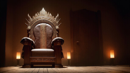 front view of royal throne chair made of brown leather and golden decoration in old medieval room with wooden doors and floor with some warm light from lamps, generative AI