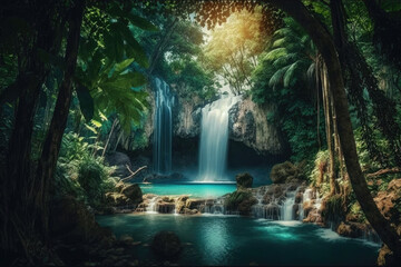 Beautiful waterfall in tropical jungle. Cascade waterfall in green tree tropical forest. Created with Generative AI