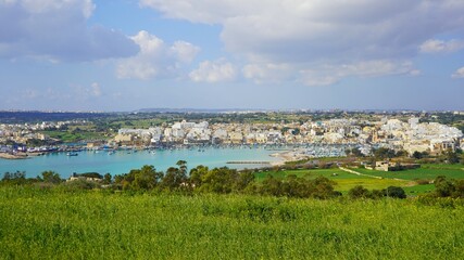 landscape, Marsaxlokk city view and mediterranean sea, Malta