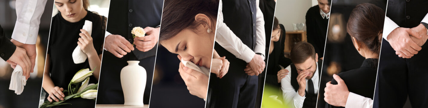 Collage of pining relatives at funeral