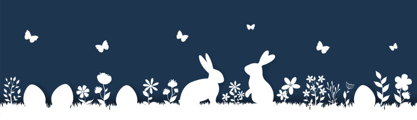 Happy Easter Border With Flower And Rabbit Blue Background