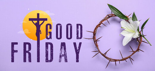 Crown of thorns and lily flower on lilac background. Good Friday concept