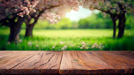 Empty wooden table top product display showcase stage with spring cherry blossom background, generative ai