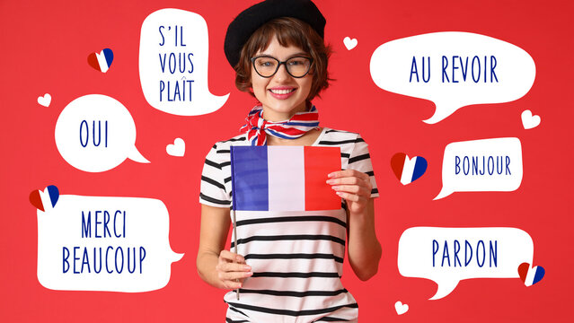Pretty young woman with flag of France on red background. International French Language Day
