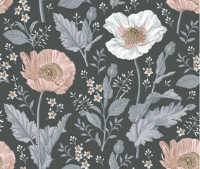 Seamless pattern. Beautiful blooming realistic isolated flowers. Vintage background fabric. Poppy Poppies wildflowers set. Wallpaper baroque. Drawing engraving sketch Vector victorian illustration © Наталья Лобенко