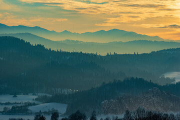winter mountain view just after sunset - obrazy, fototapety, plakaty