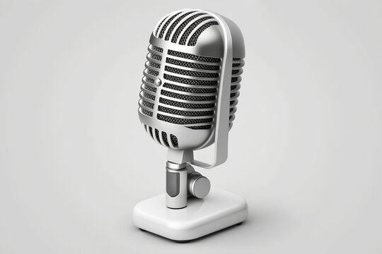 Silver metal retro tabletop audio microphone on a stand. Public speaking, podcast. Talking to audience. Realistic 3d illustration. Image is AI generated.