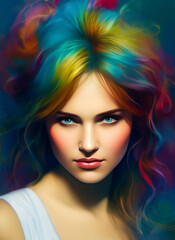 Painting of a beautiful woman's face, Portrait of a beautiful woman with colorful hair, Generative AI