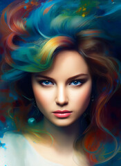 Obraz na płótnie Canvas Painting of a beautiful woman's face, Portrait of a beautiful woman with colorful hair, Generative AI