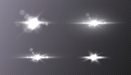 A set of white glowing light on a transparent background, white sun rays, bright stars with rays and highlights. Vector 10 eps